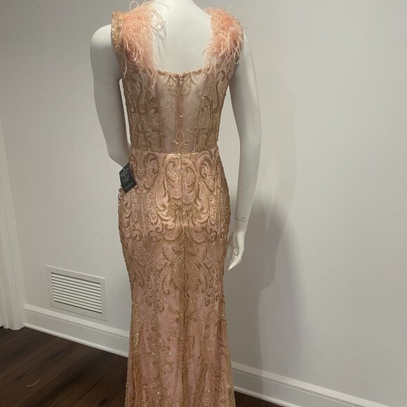 Glamorous Blush Maxi Dress with Feather Accents - Picture 6 of 10